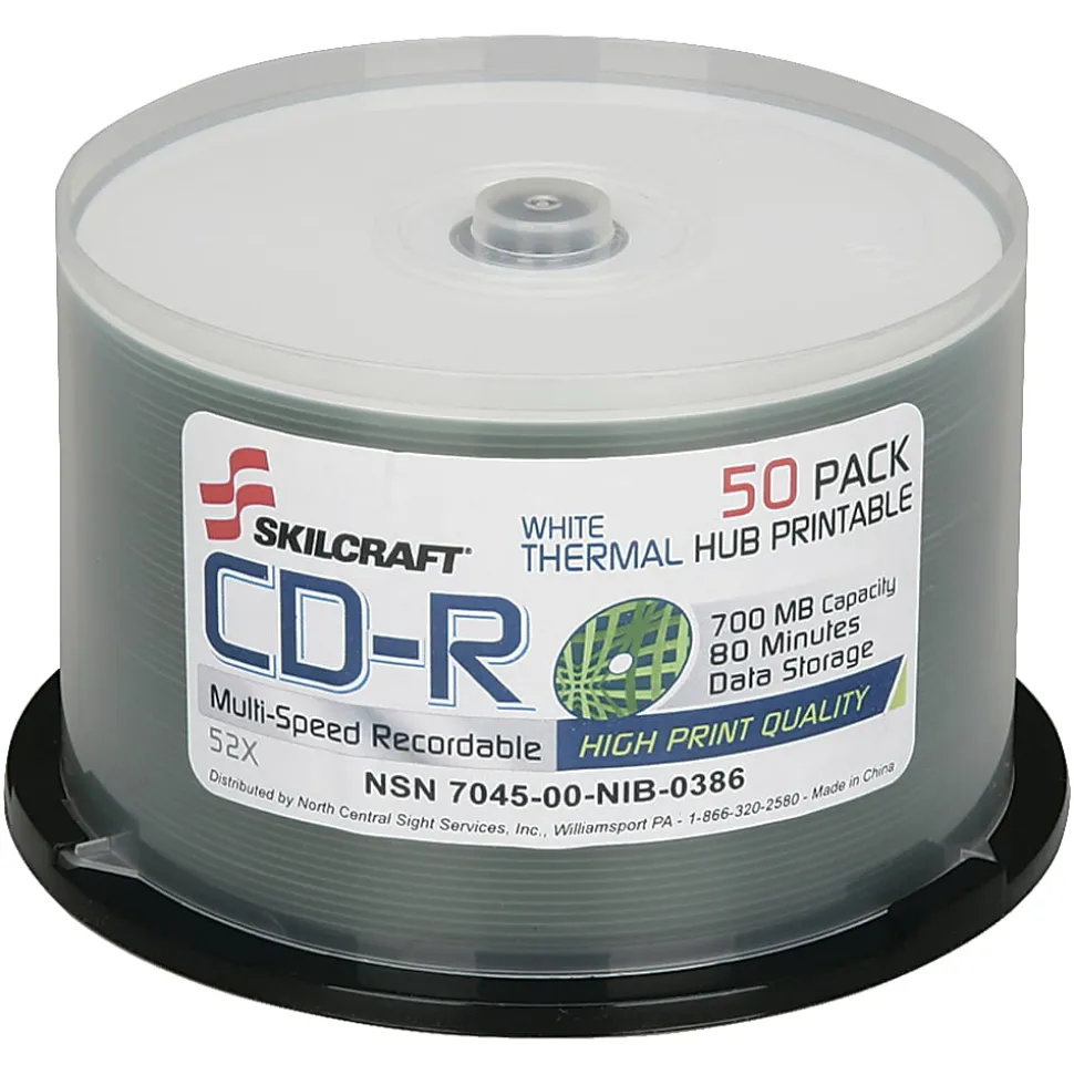 SKILCRAFT® Thermal Printable 52x CD-R Discs, 50-Pack Spindle (AbilityOne 7045-01-626-9521)