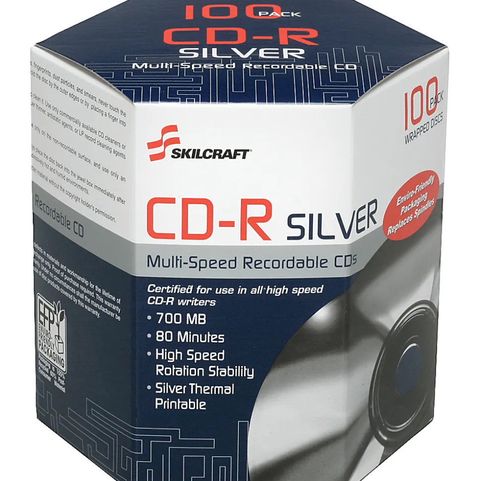SKILCRAFT® 52X CD-R Thermal Printable Media, 700 MB, 80 Minutes, Pack Of 100