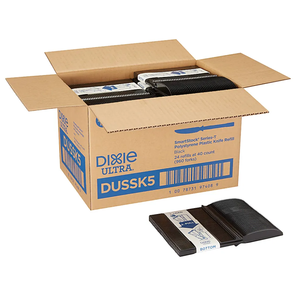 SmartStock T-Series Disposable Cutlery Refills, Polystyrene Knives, Black, 40 Knives Per Refill, Box Of 24 Refills