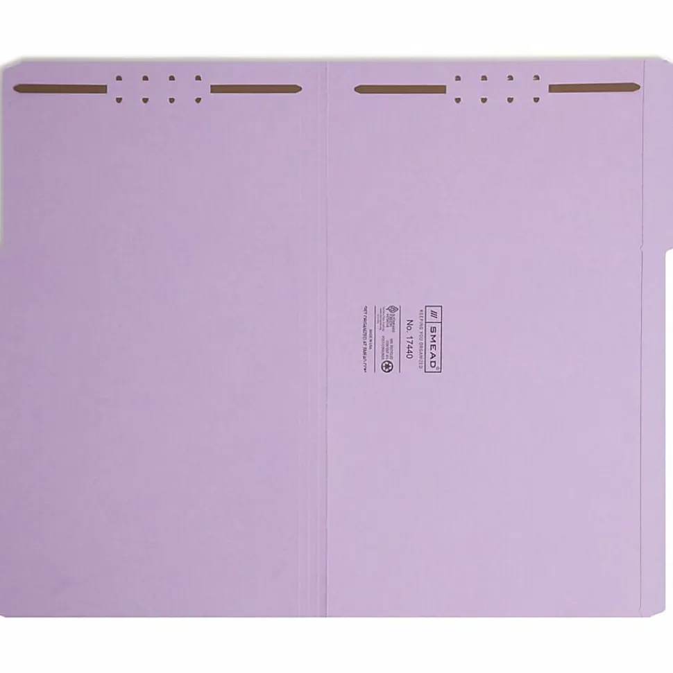 Smead® Colored Top-Tab Fastener File Folders, 8 1/2" x 14", Legal Size, Lavender, Box Of 50 Folders