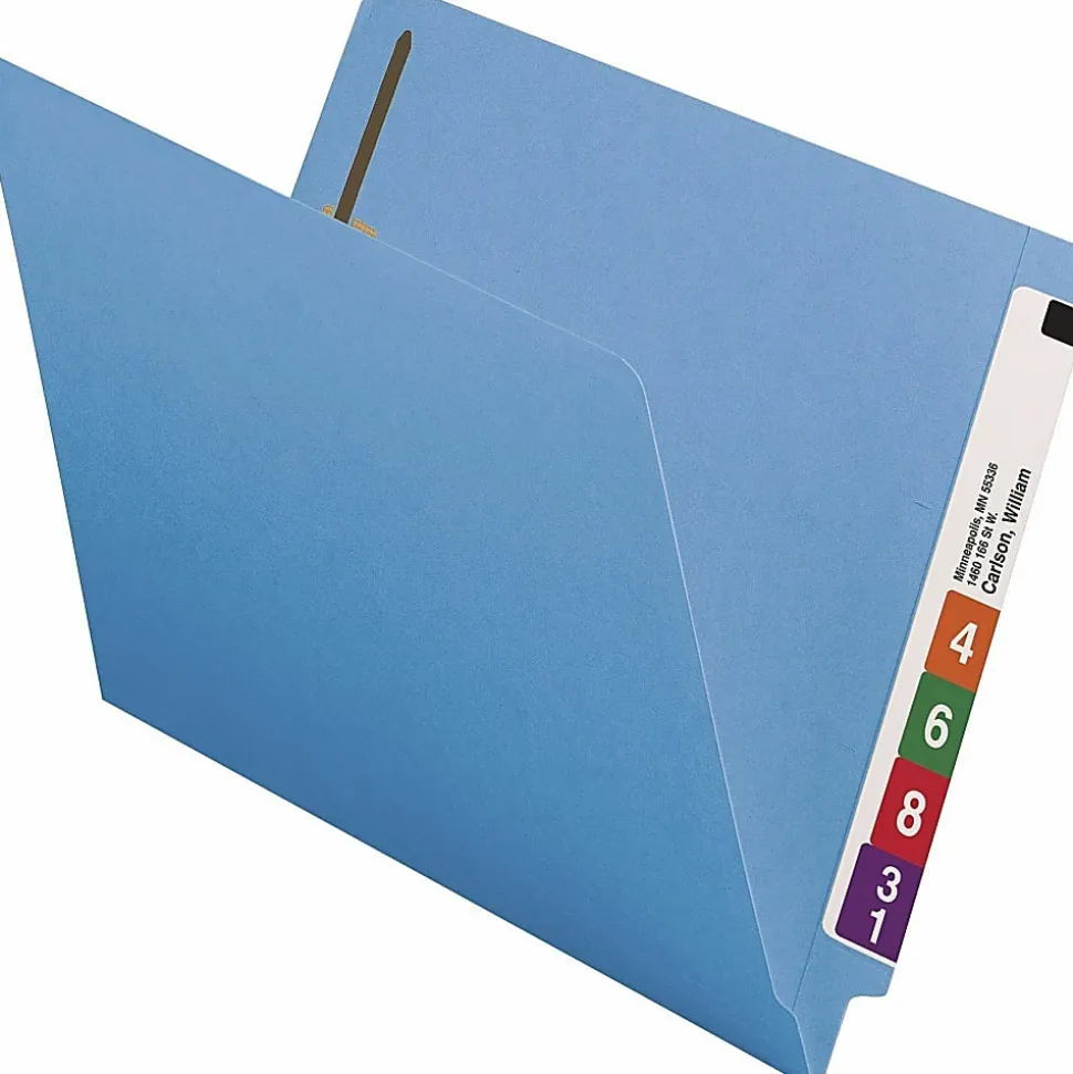 Smead® Color End-Tab Folders With Fasteners, Straight Cut, Letter Size, Blue, Pack Of 50
