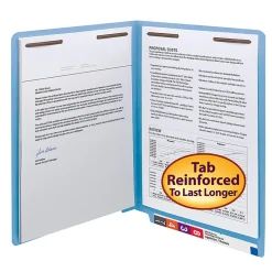 Smead® Color End-Tab Folders With Fasteners, Straight Cut, Letter Size, Blue, Pack Of 50