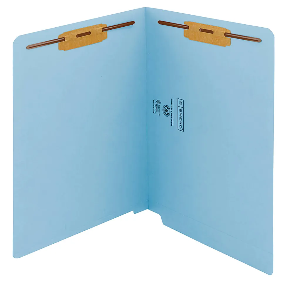 Smead® Color End-Tab Folders With Fasteners, Straight Cut, Letter Size, Blue, Pack Of 50