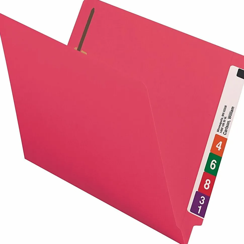Smead® Color End-Tab Folders With Fasteners, Straight Cut, Letter Size, Red, Pack Of 50
