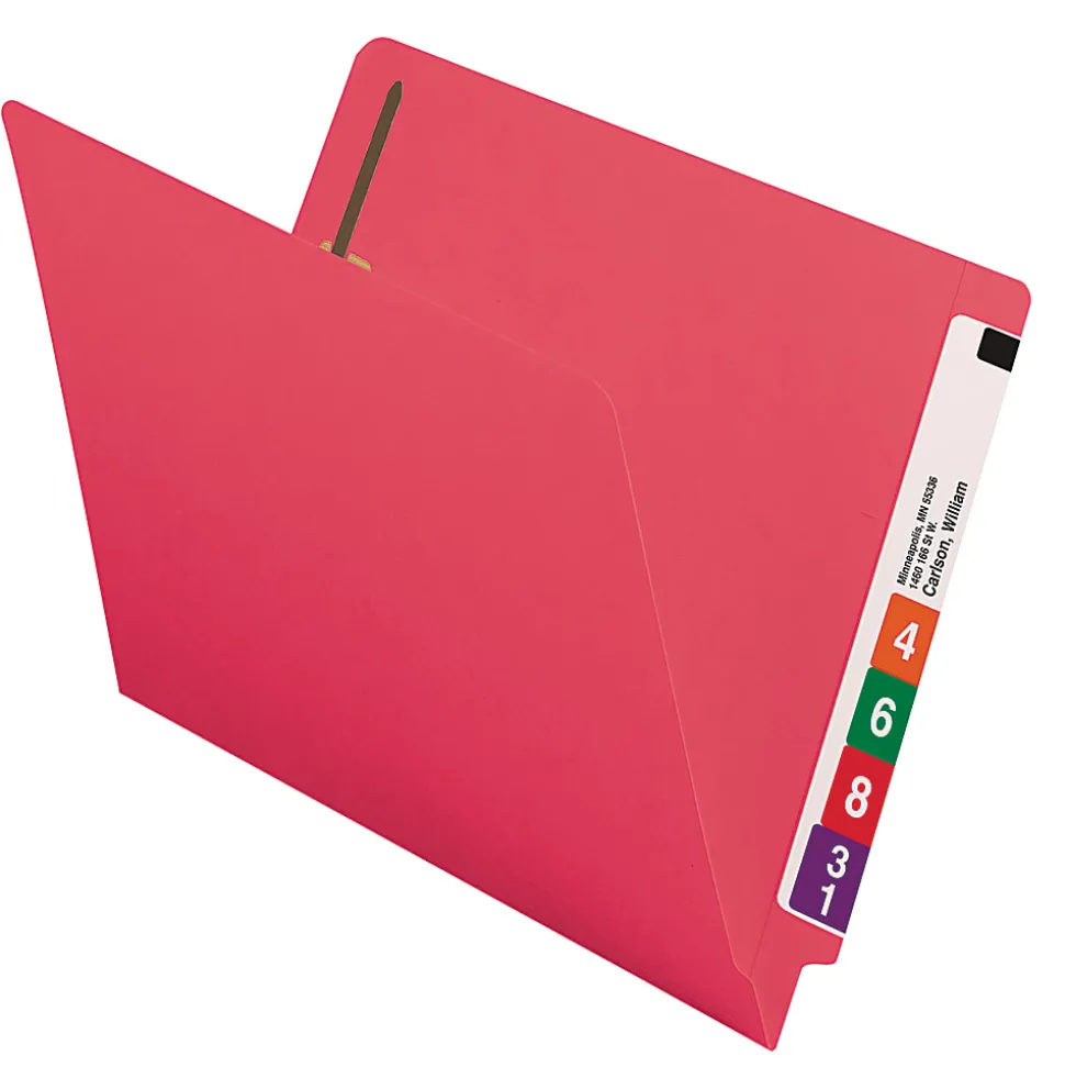 Smead® Color End-Tab Folders With Fasteners, Straight Cut, Letter Size, Red, Pack Of 50