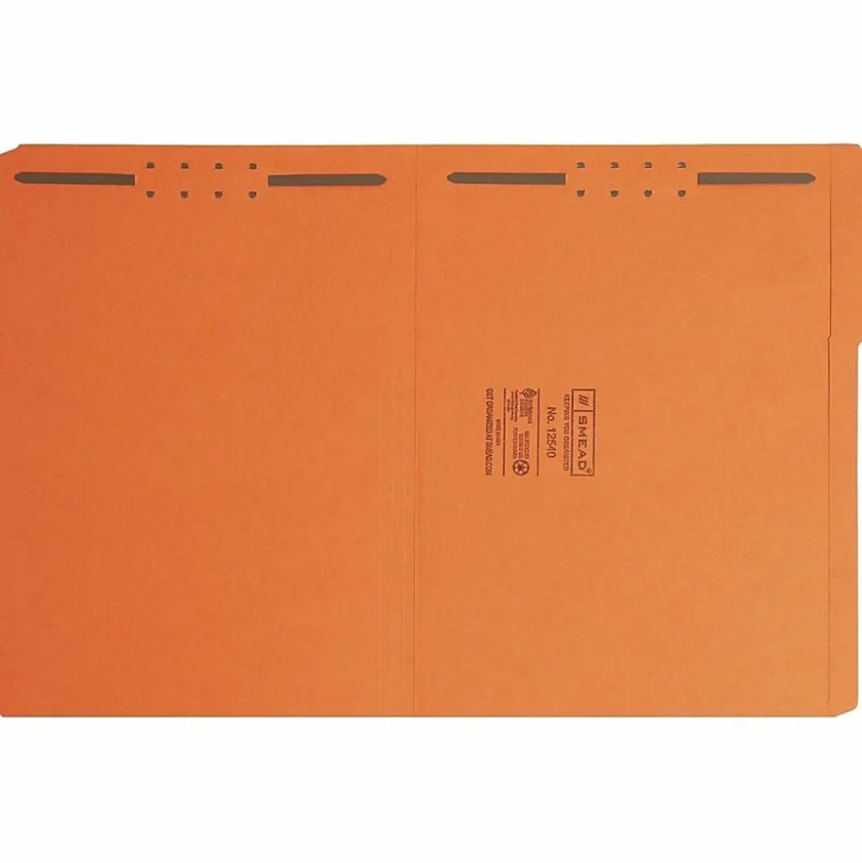 Smead® Color Fastener Folders With Reinforced Tabs, 8 1/2" x 11", Letter Size, 1/3 Tab Cut, Orange, Box Of 50 Folders