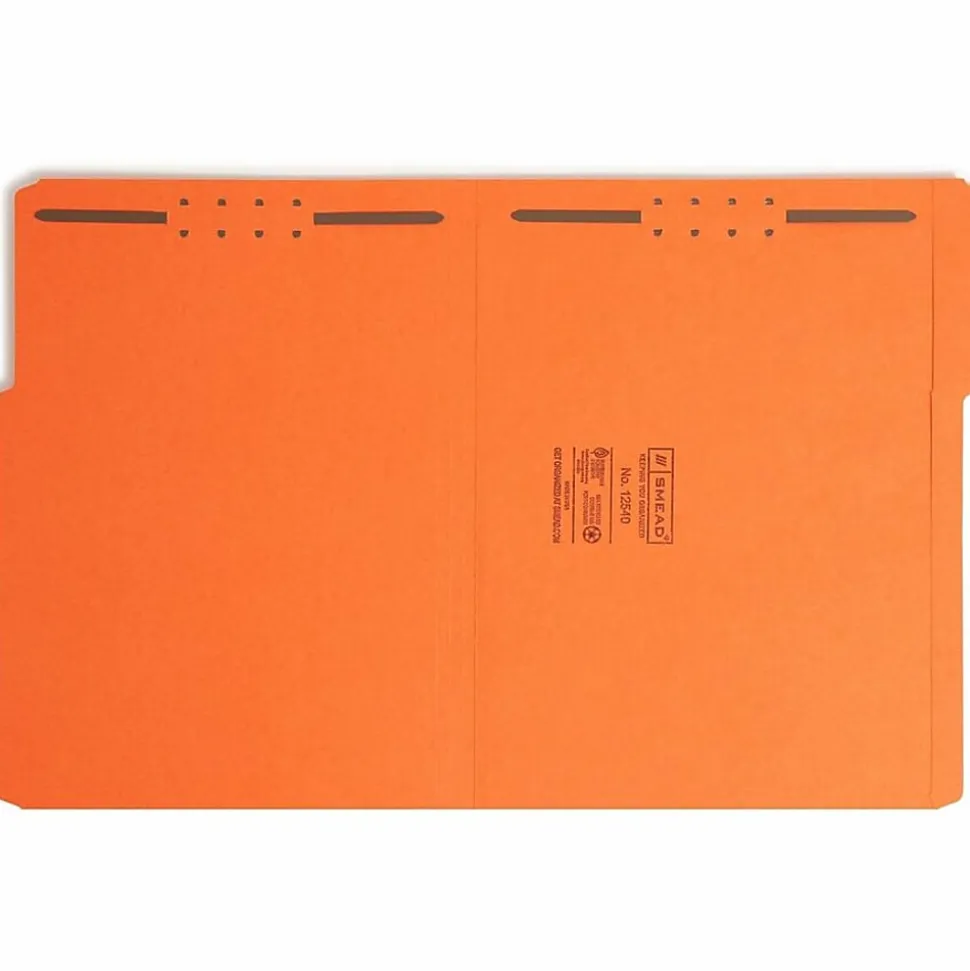 Smead® Color Fastener Folders With Reinforced Tabs, 8 1/2" x 11", Letter Size, 1/3 Tab Cut, Orange, Box Of 50 Folders