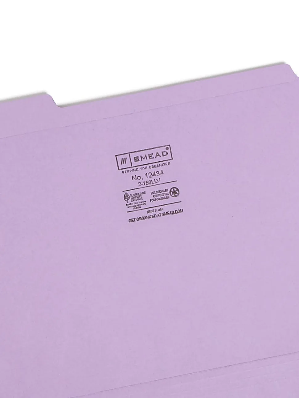 Smead® Color File Folders, With Reinforced Tabs, Letter Size, 1/3 Cut, Lavender, Box Of 100