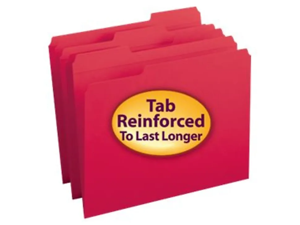 Smead® Color File Folders, With Reinforced Tabs, Letter Size, 1/3 Cut, Red, Box Of 100