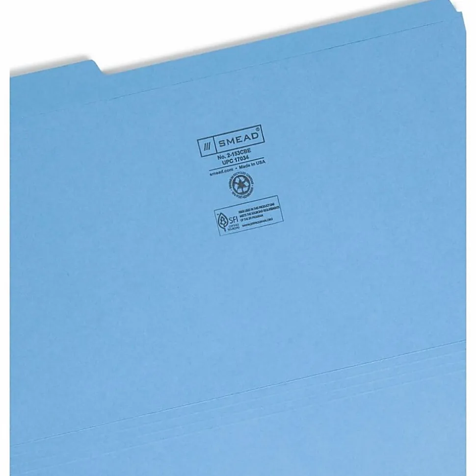Smead® Color File Folders, With Reinforced Tabs, Legal Size, 1/3 Cut, Blue, Box Of 100