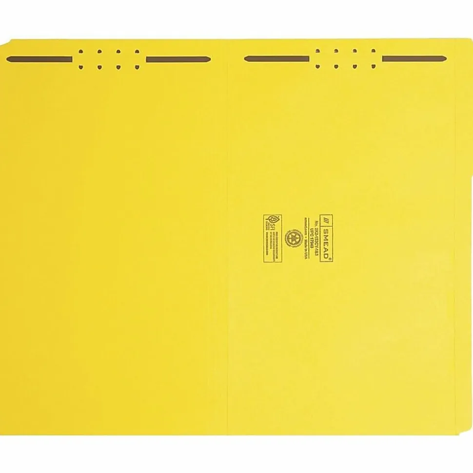 Smead® Color Reinforced Tab Fastener Folders, Legal Size, 1/3 Cut, Yellow, Pack Of 50