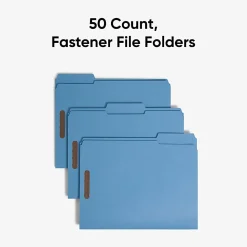 SmeadĀ® Color Reinforced Tab Fastener Folders, Letter Size, 1/3 Cut, Blue, Pack Of 50 (12040)