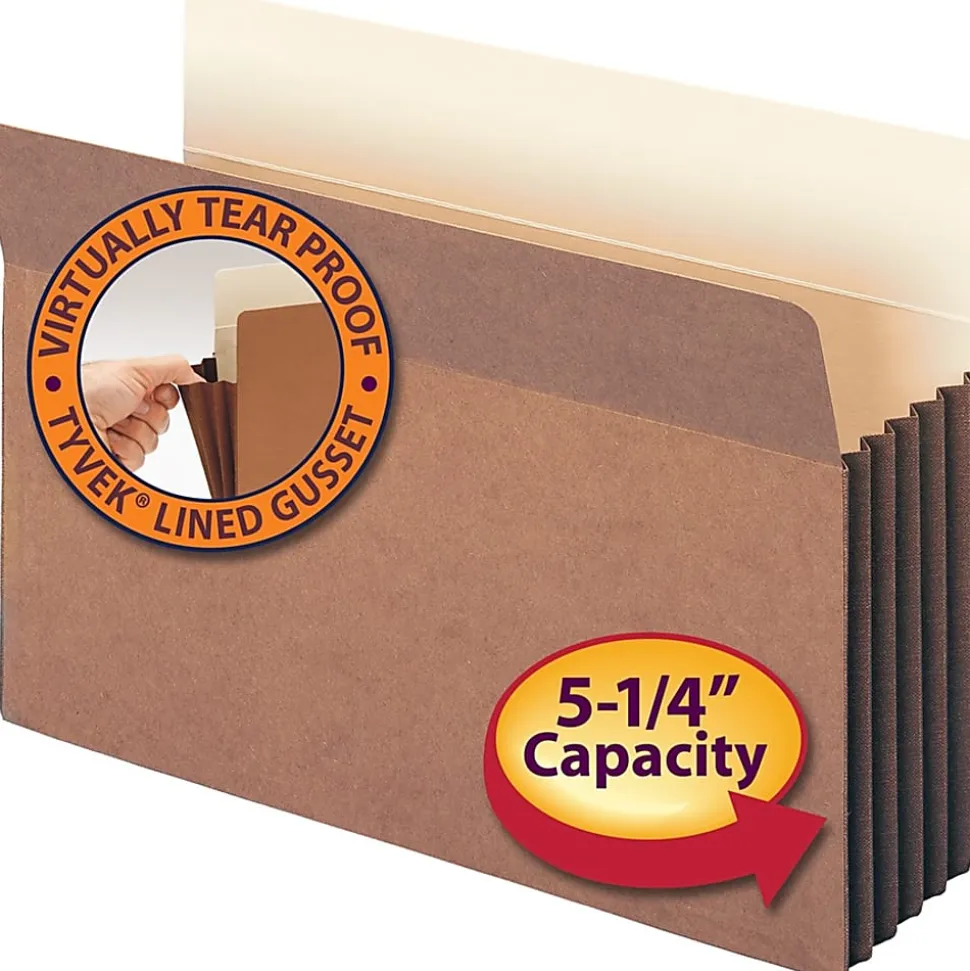 Smead® Easy-Access Top-Tab Tyvek® File Pockets, Legal Size, 5 1/4" Expansion, 30% Recycled, Redrope, Box Of 10