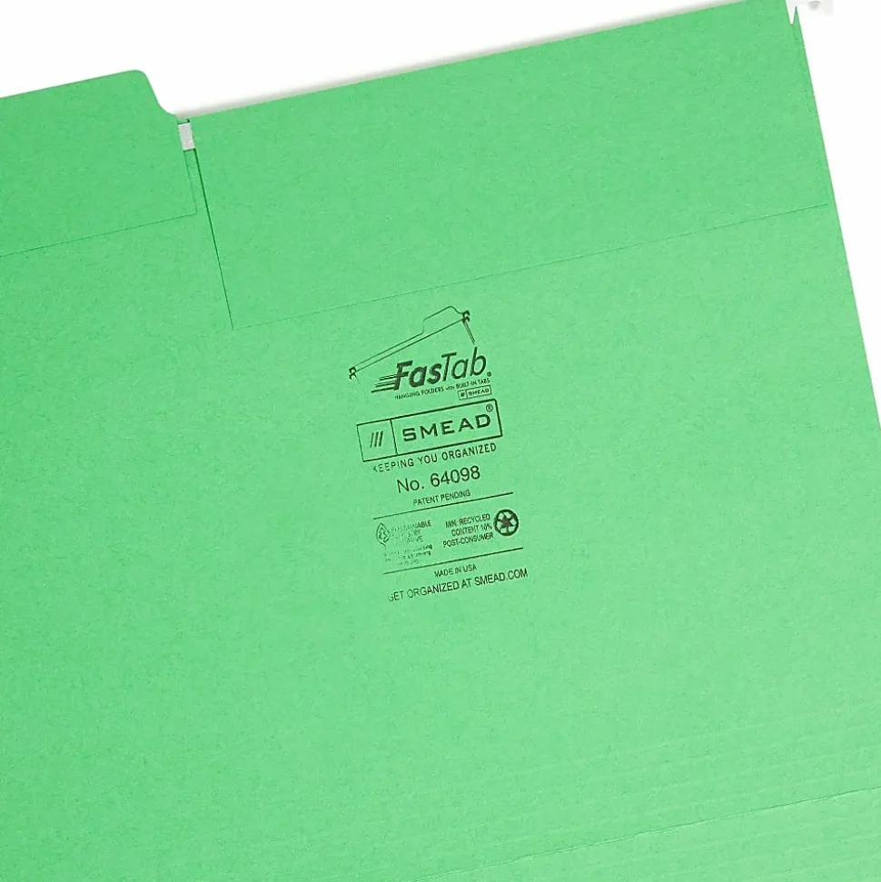 Smead® FasTab® Hanging File Folder, Letter Size, Green, Box Of 20