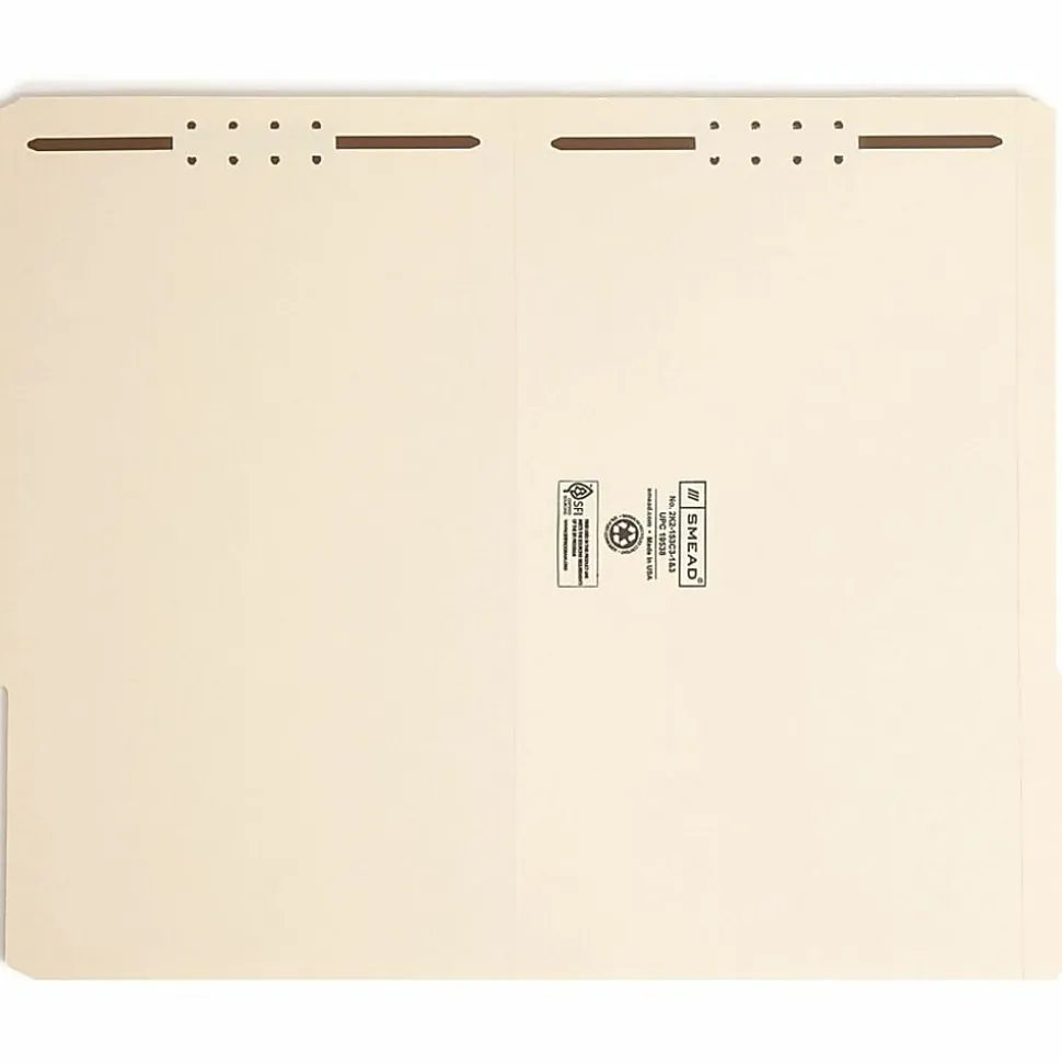 Smead® Fastener Folders With Reinforced Tab, 2" Capacity, 2 Fasteners, Legal Size,1/3-Cut Tab, Manila, Box Of 50