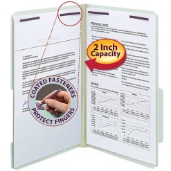 SmeadĀ® Guide Height Pressboard Folders With SafeSHIELDĀ® Fasteners, 2/5 Cut, Legal Size, 2" Expansion, Gray/Green, Box Of 25