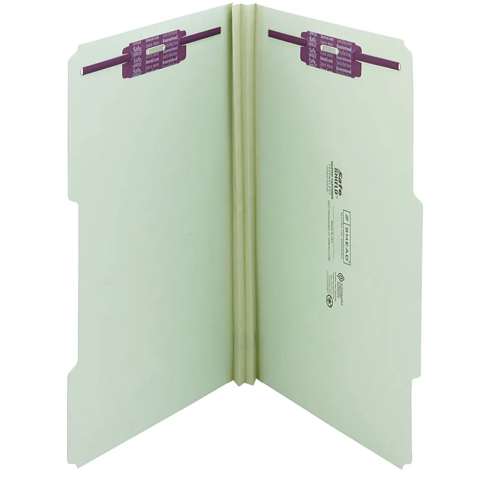 Smead® Guide Height Pressboard Folders With SafeSHIELD® Fasteners, 2/5 Cut, Legal Size, 2" Expansion, Gray/Green, Box Of 25