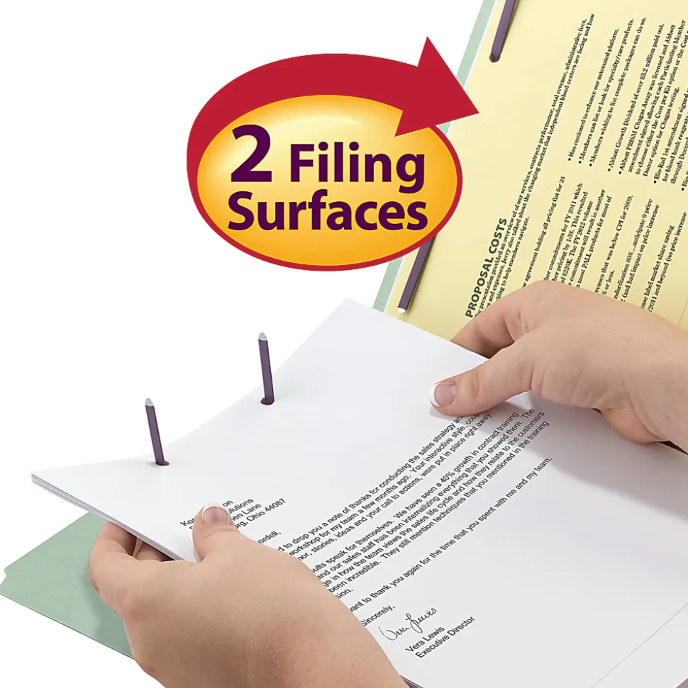 Smead® Guide Height Pressboard Folders With SafeSHIELD® Fasteners, 2/5 Cut, Legal Size, 2" Expansion, Gray/Green, Box Of 25