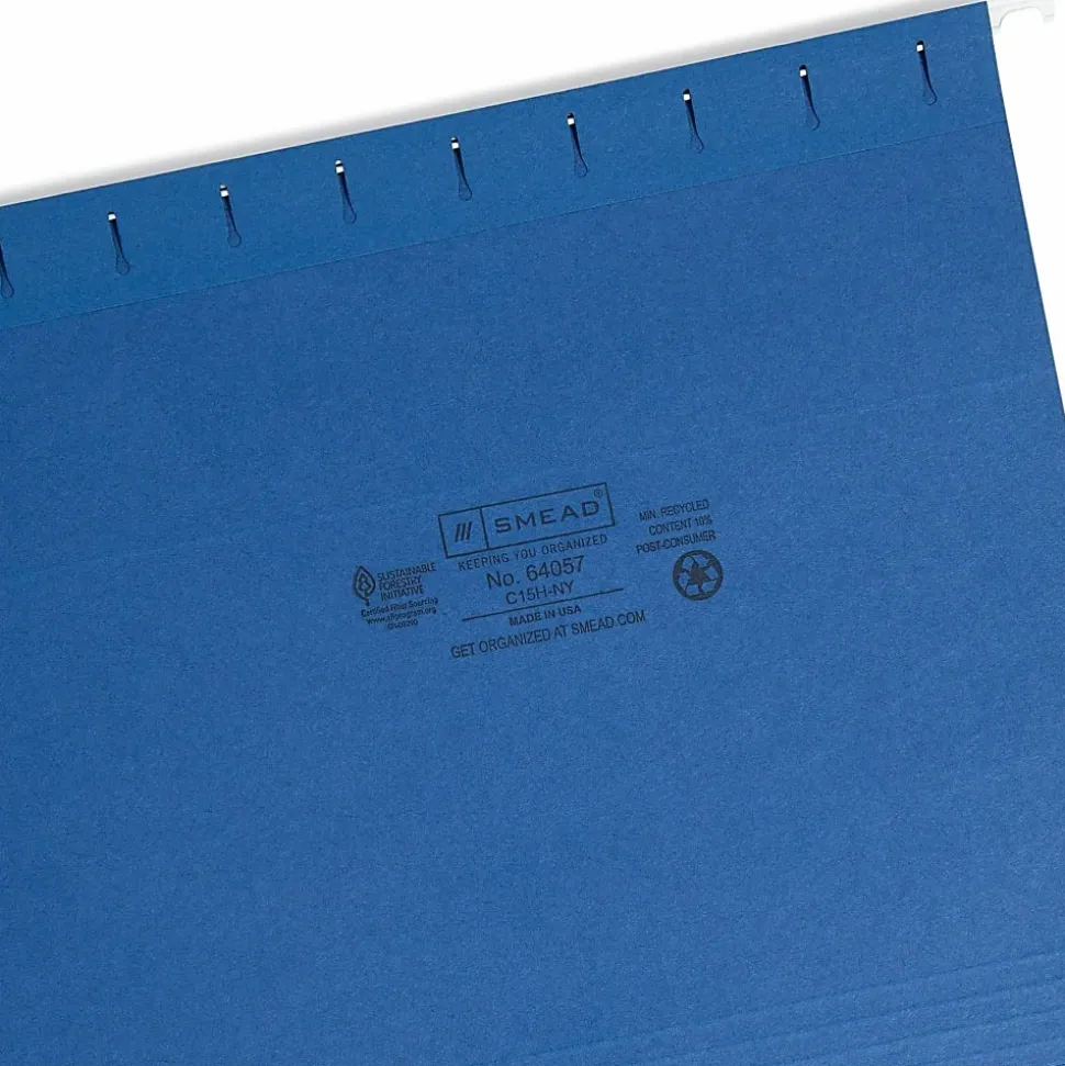 Smead® Hanging File Folders, 1/5-Cut Adjustable Tab, Letter Size, Navy, Box Of 25