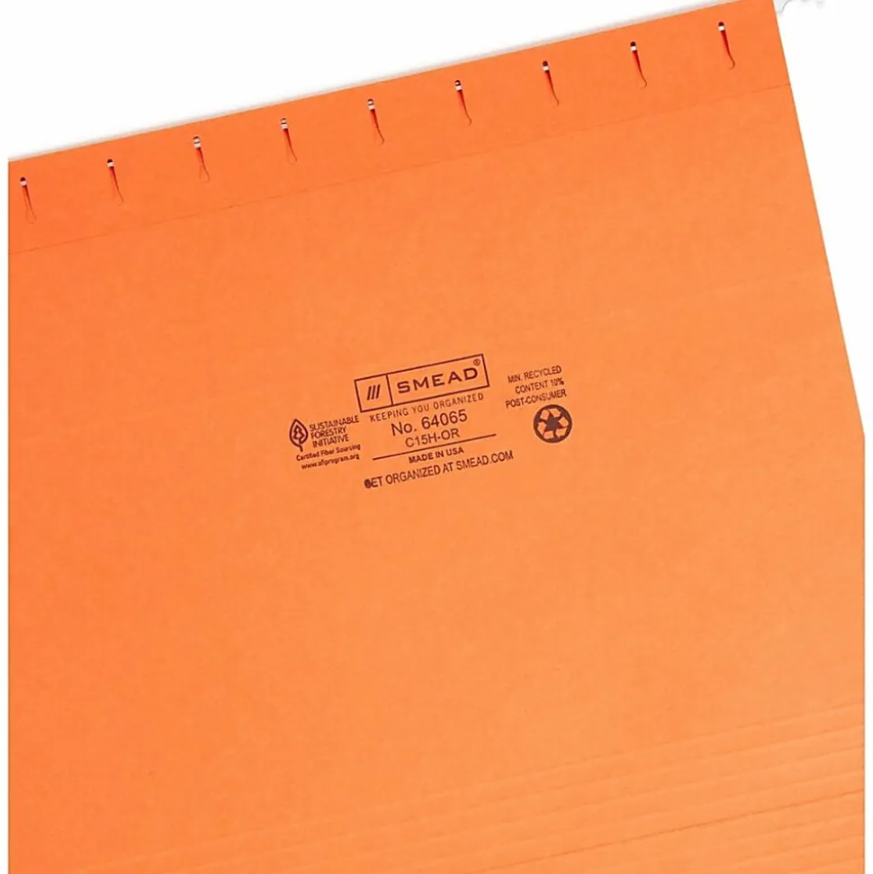 Smead® Hanging File Folders, 1/5-Cut Adjustable Tab, Letter Size, Orange, Box Of 25