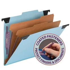 Smead® Hanging Pressboard Classification Folder With SafeSHIELD® Coated Paper Fastener, 2 Dividers, Letter Size, Blue