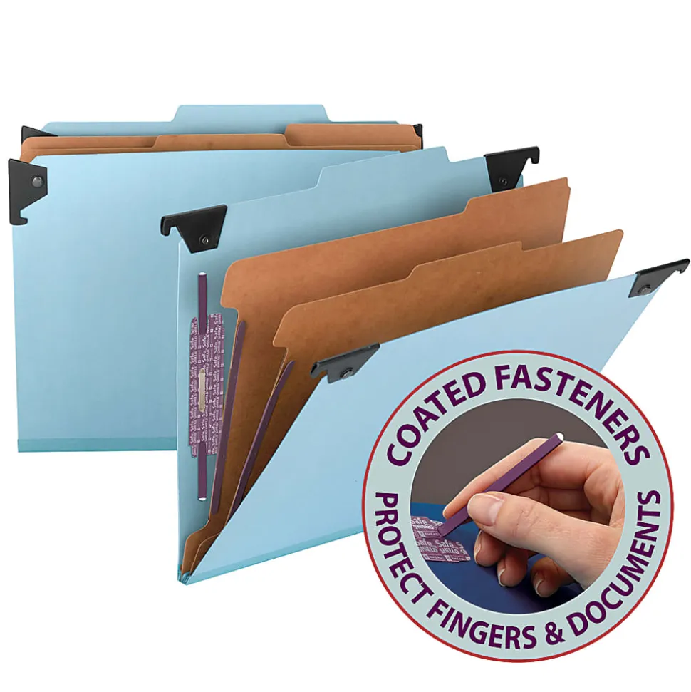 Smead® Hanging Pressboard Classification Folder With SafeSHIELD® Coated Paper Fastener, 2 Dividers, Letter Size, Blue