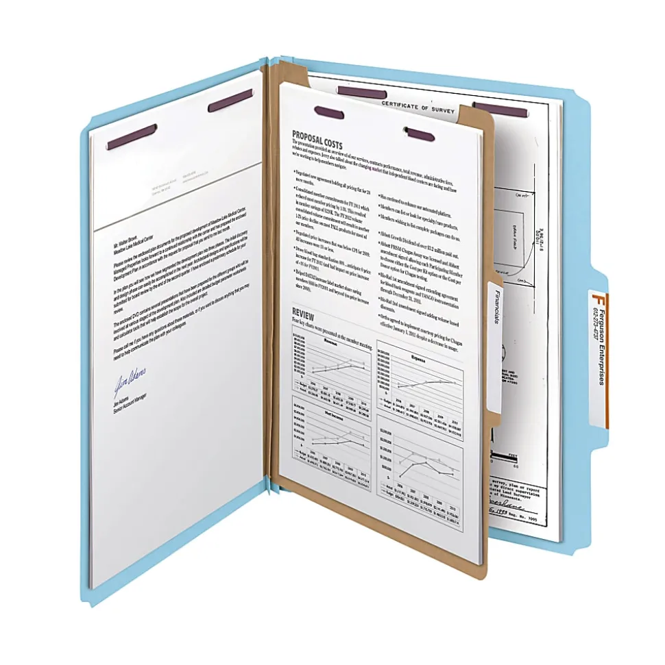 Smead® Pressboard Classification Folder with SafeSHIELD Fastener, 1 Divider, Letter Size, 100% Recycled, Blue