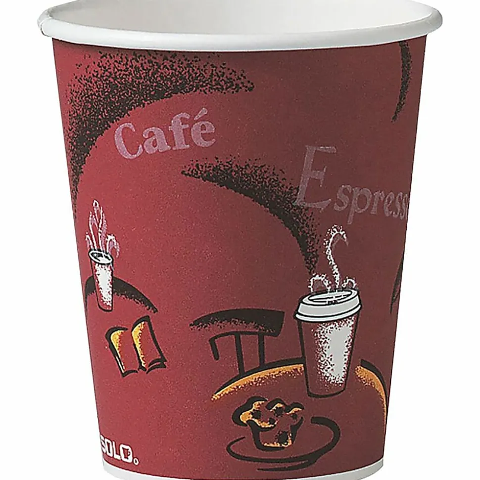 SOLO® Paper Hot Drink Cups in Bistro® Design, 3.35" Diameter x 3.82" h, 10oz, Maroon, 1,000/CT