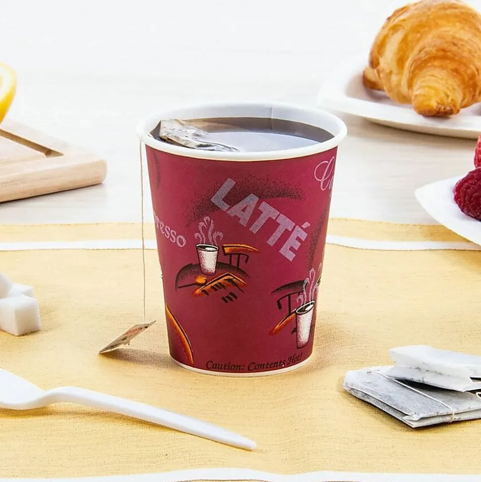 SOLO® Paper Hot Drink Cups in Bistro® Design, 3.35" Diameter x 3.82" h, 10oz, Maroon, 1,000/CT