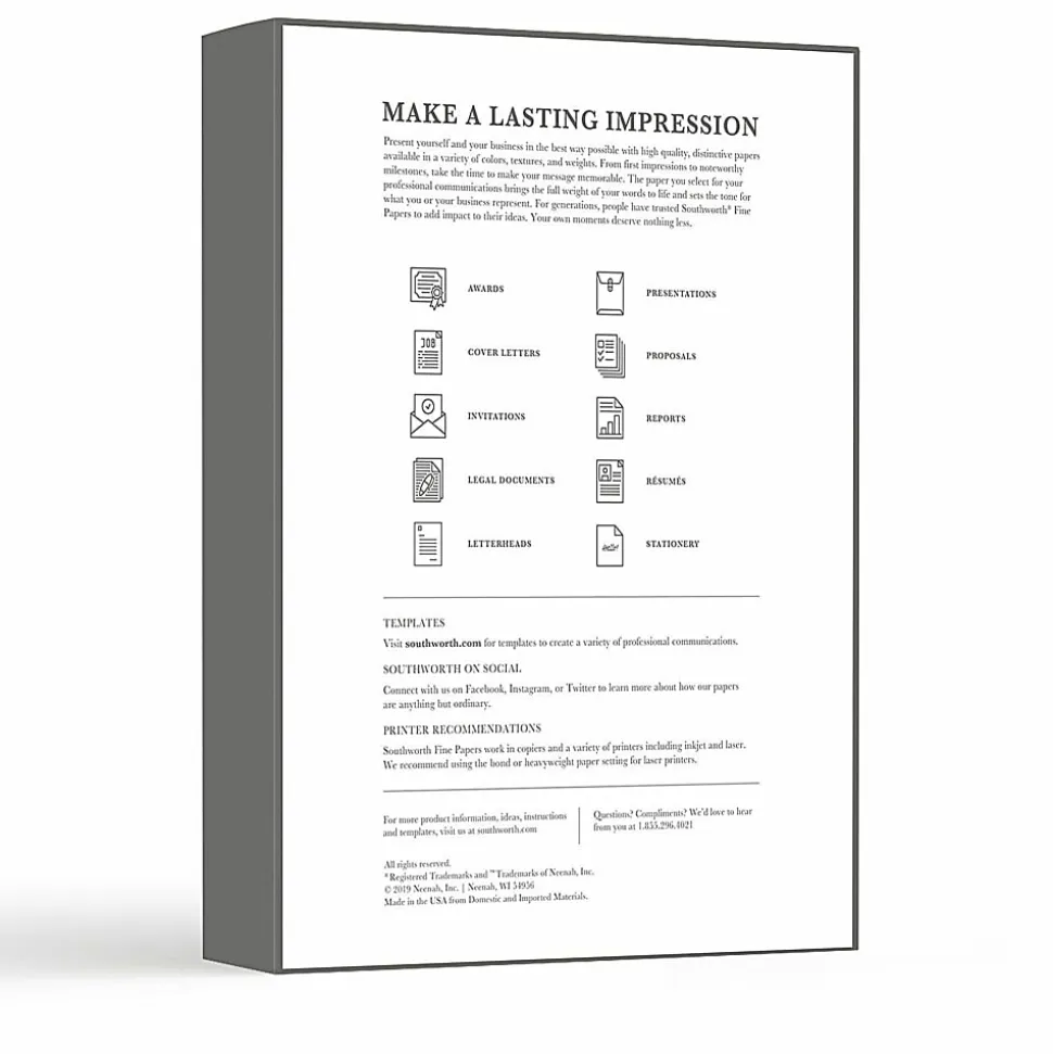 Southworth® 100% Cotton Business Multi-Use Printer & Copy Paper, 1 Ream, White, Letter (8.5" x 11"), 500 Sheets Per Ream, 20 Lb, 94 Brightness