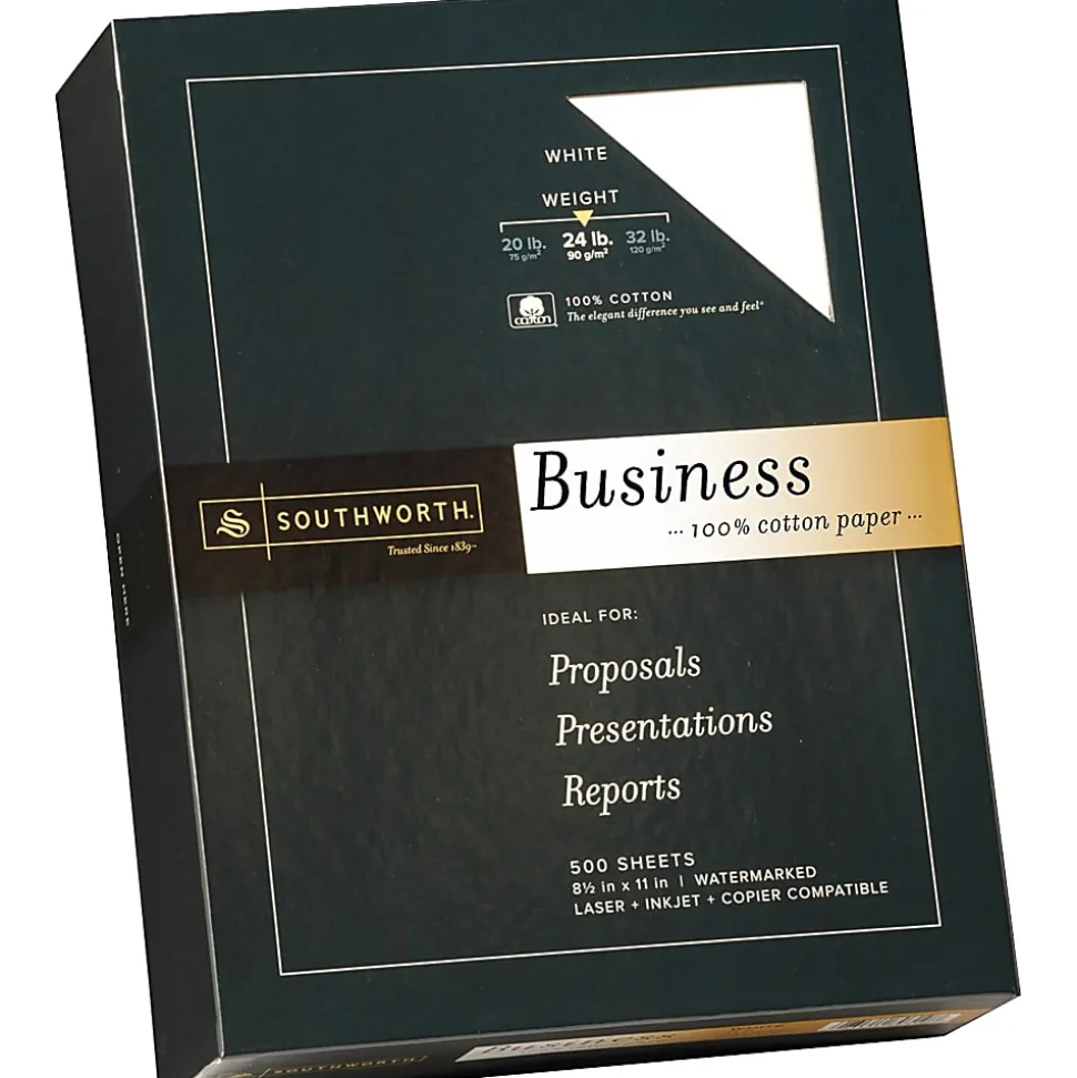 Southworth® 100% Cotton Business Paper, 8 1/2" x 11", 24 Lb, 100% Recycled, White, Box Of 500