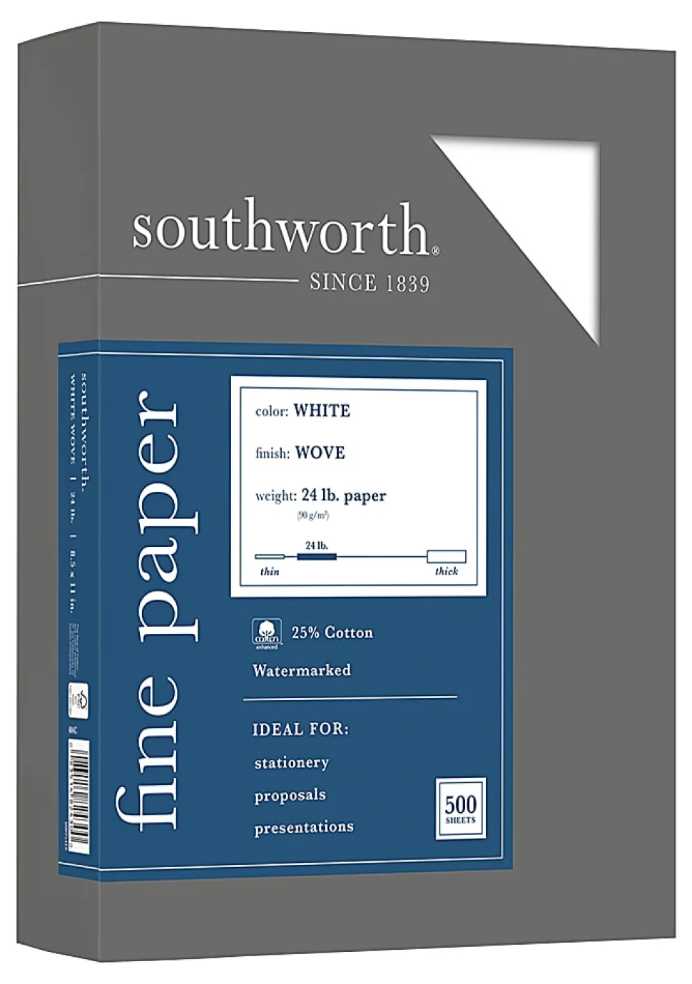 Southworth® 25% Cotton Business Paper, 8 1/2" x 11", 24 Lb, White, Box Of 500
