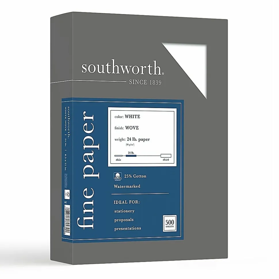 Southworth® 25% Cotton Business Paper, 8 1/2" x 11", 24 Lb, White, Box Of 500