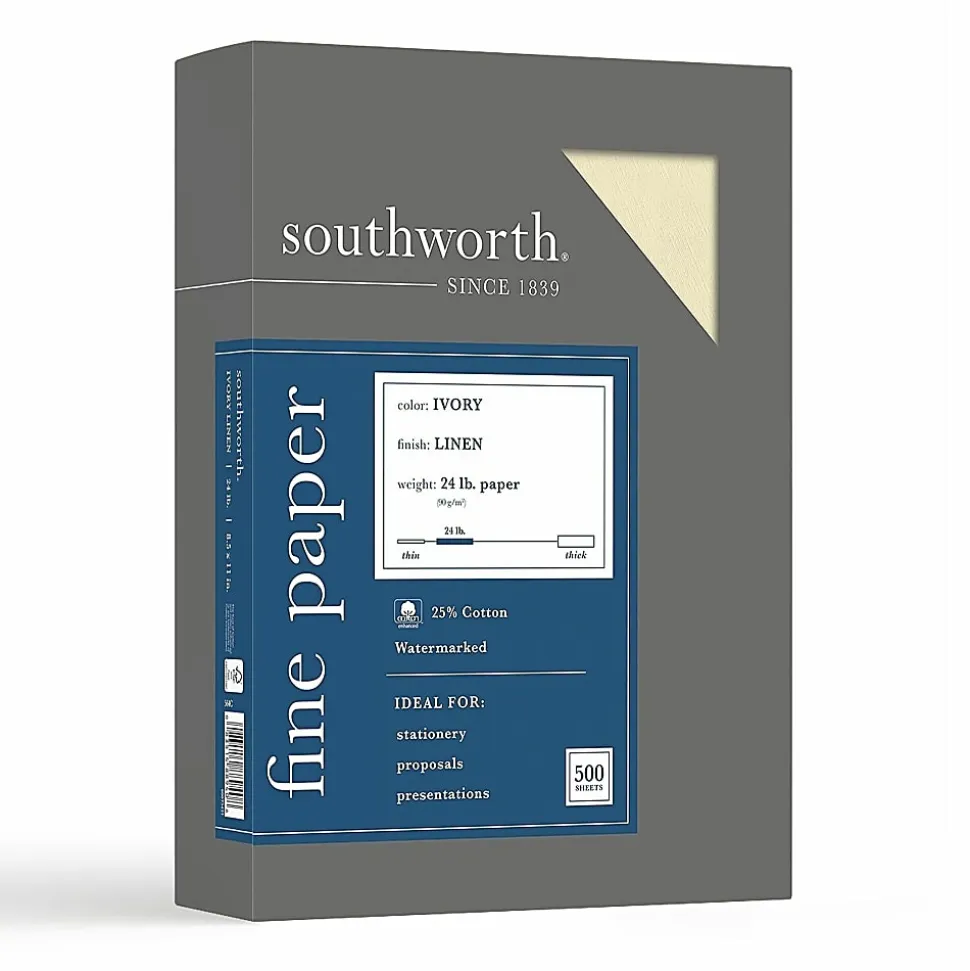Southworth® 25% Cotton Linen Business Paper, Ivory, Letter (8.5" x 11"), 500 Sheets Per Ream, 24 Lb, 94 Brightness