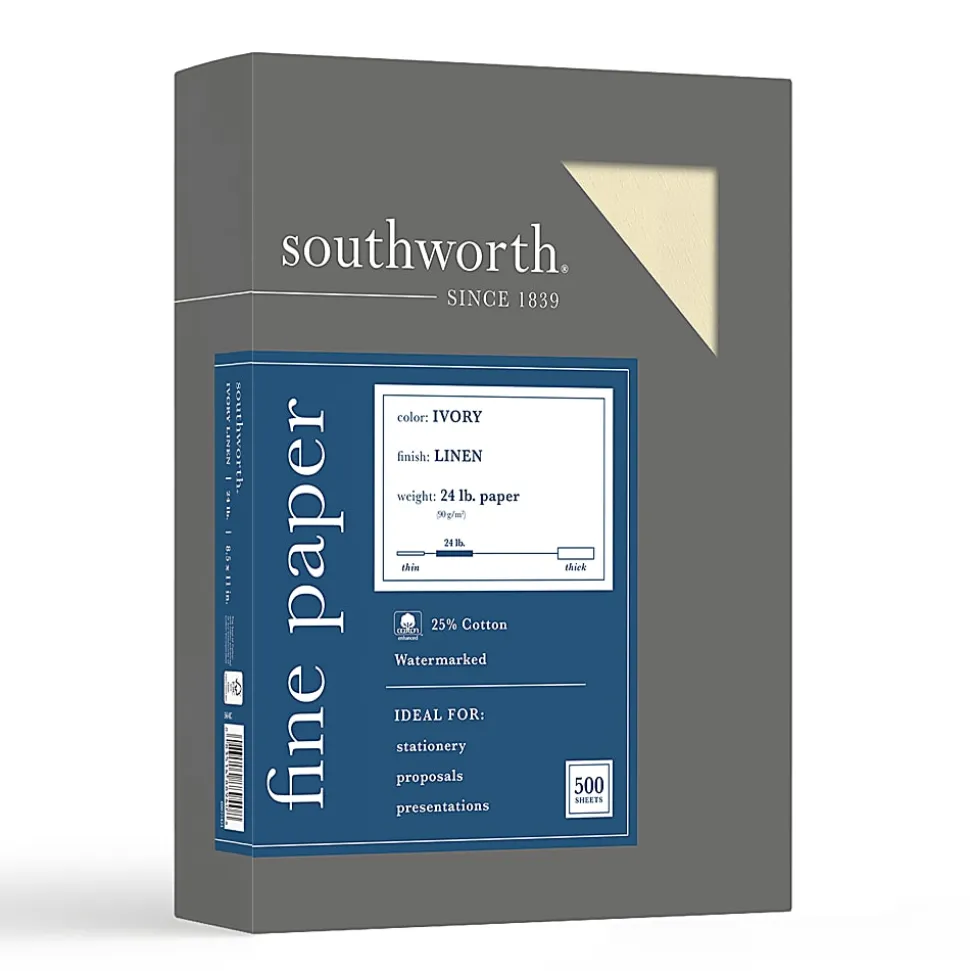 Southworth® 25% Cotton Linen Business Paper, Ivory, Letter (8.5" x 11"), 500 Sheets Per Ream, 24 Lb, 94 Brightness