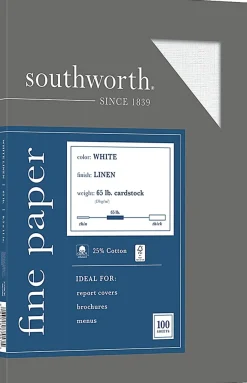 Southworth® 25% Cotton Linen Cover Stock, 8 1/2" x 11", 65 Lb, White, Pack Of 100