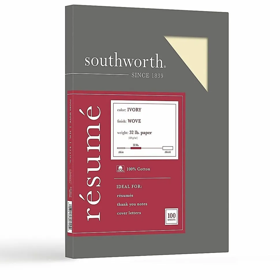 Southworth® 100% Cotton Résumé Paper, 8 1/2" x 11", 32 Lb, 100% Recycled, Ivory, Pack Of 100