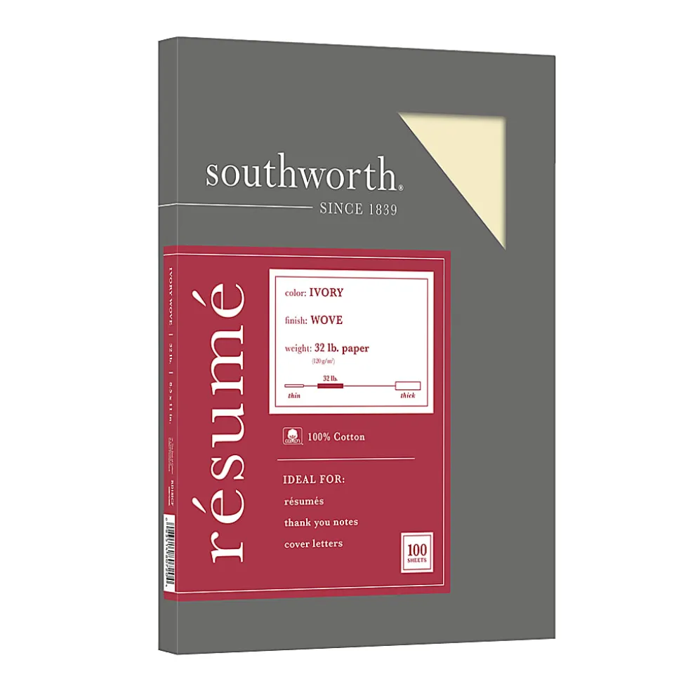 Southworth® 100% Cotton Résumé Paper, 8 1/2" x 11", 32 Lb, 100% Recycled, Ivory, Pack Of 100
