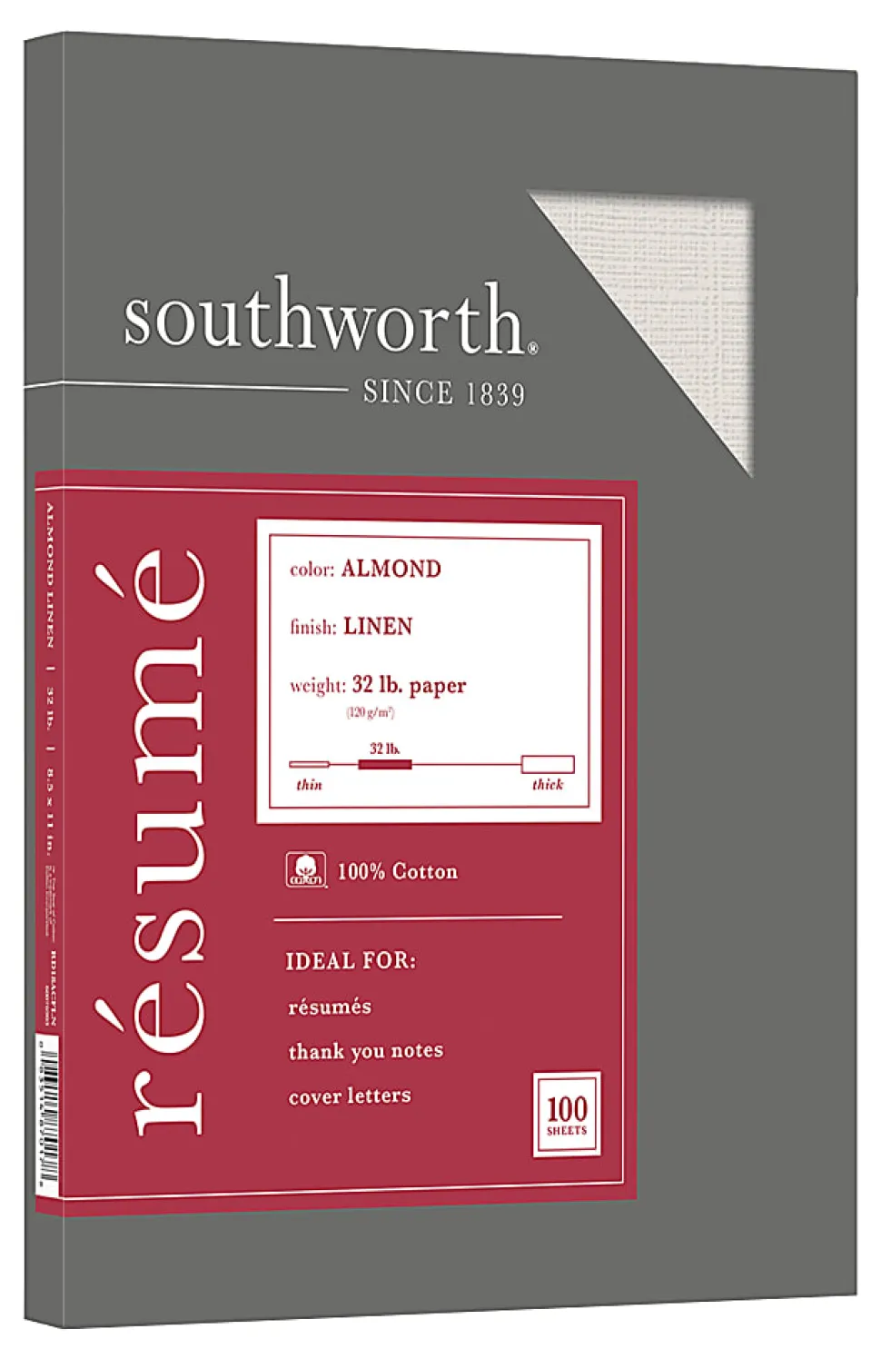 Southworth® 100% Cotton Résumé Paper, 8 1/2" x 11", 32 Lb, 100% Recycled, Almond, Pack Of 100