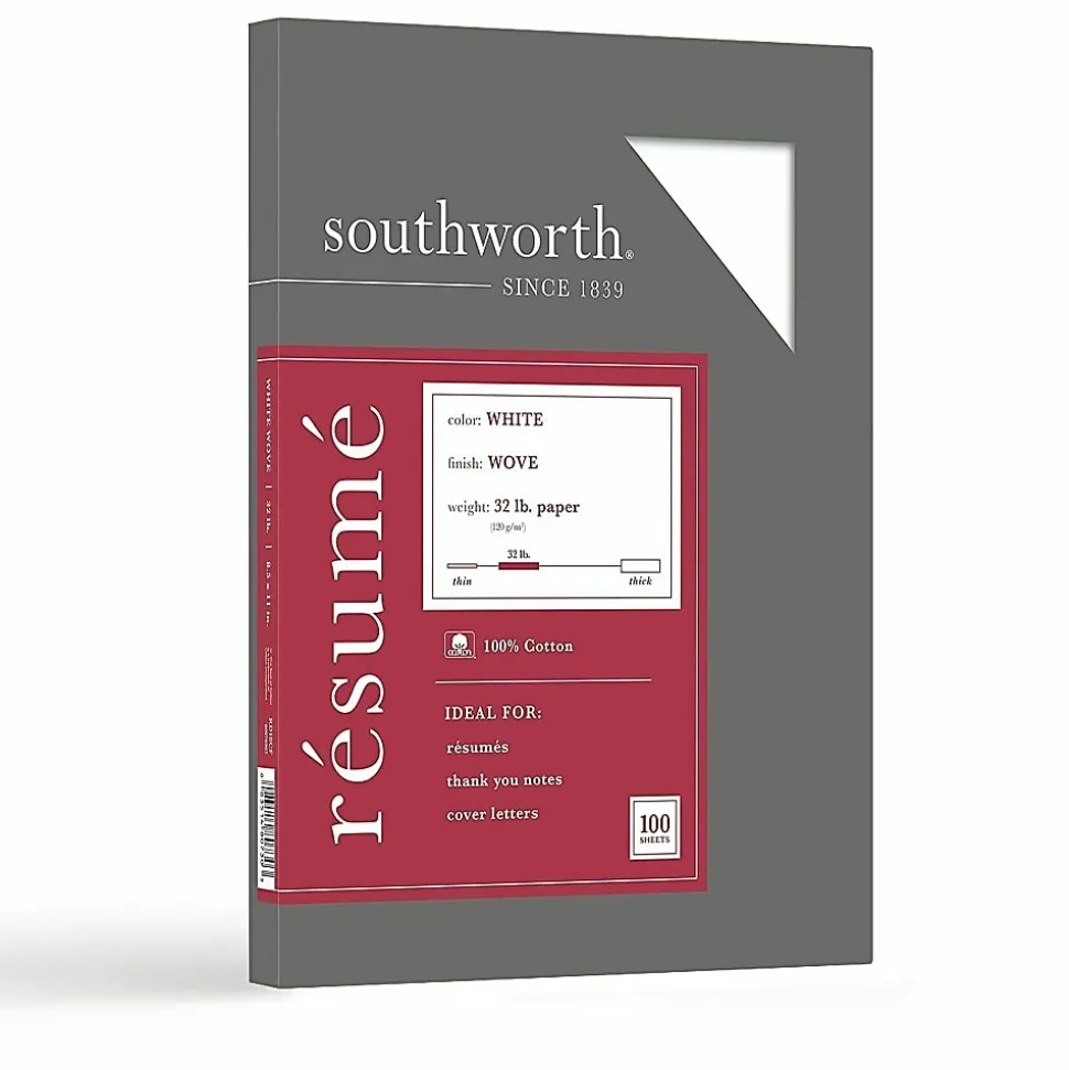 Southworth® 100% Cotton Résumé Paper, 8 1/2" x 11", 32 Lb, 100% Recycled, White, Pack Of 100