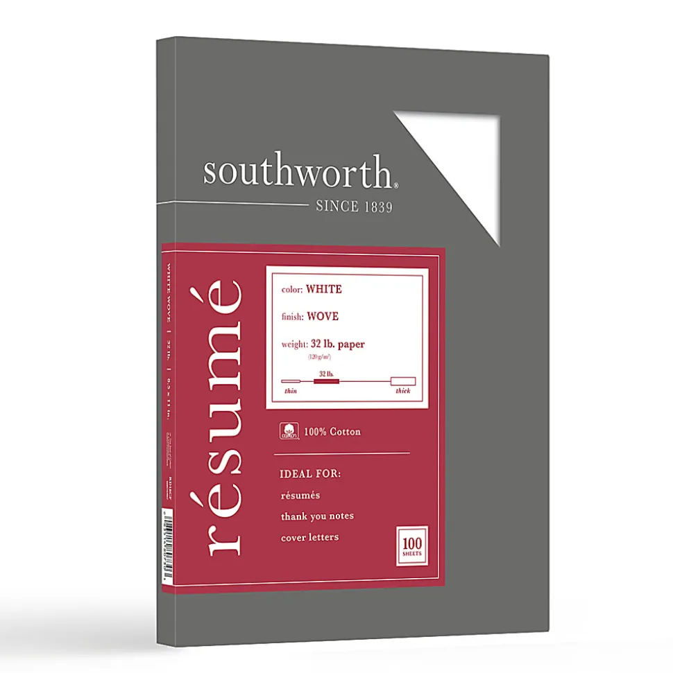 Southworth® 100% Cotton Résumé Paper, 8 1/2" x 11", 32 Lb, 100% Recycled, White, Pack Of 100
