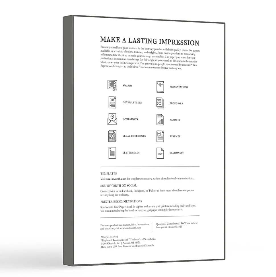 Southworth® 100% Cotton Résumé Paper, 8 1/2" x 11", 32 Lb, 100% Recycled, White, Pack Of 100