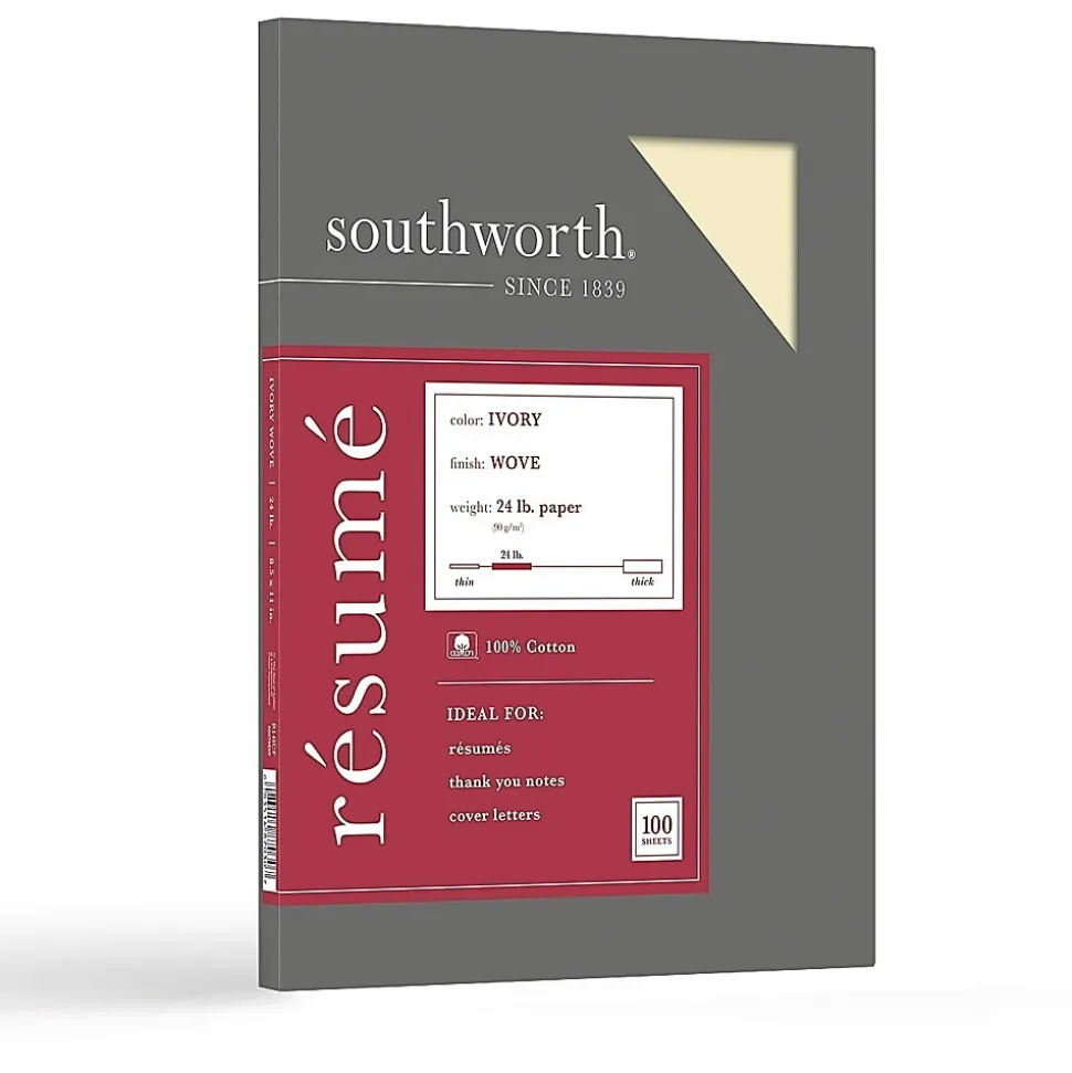 Southworth® 100% Cotton Résumé Paper, 8 1/2" x 11", 24 Lb, 100% Recycled, Ivory, Pack Of 100