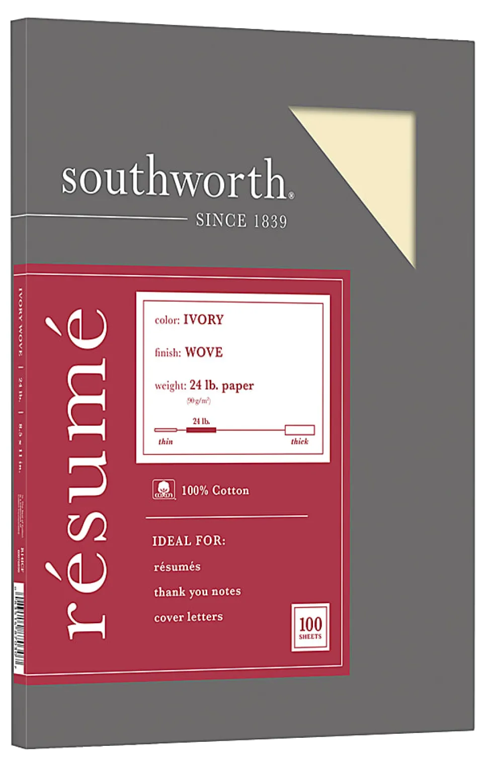 Southworth® 100% Cotton Résumé Paper, 8 1/2" x 11", 24 Lb, 100% Recycled, Ivory, Pack Of 100
