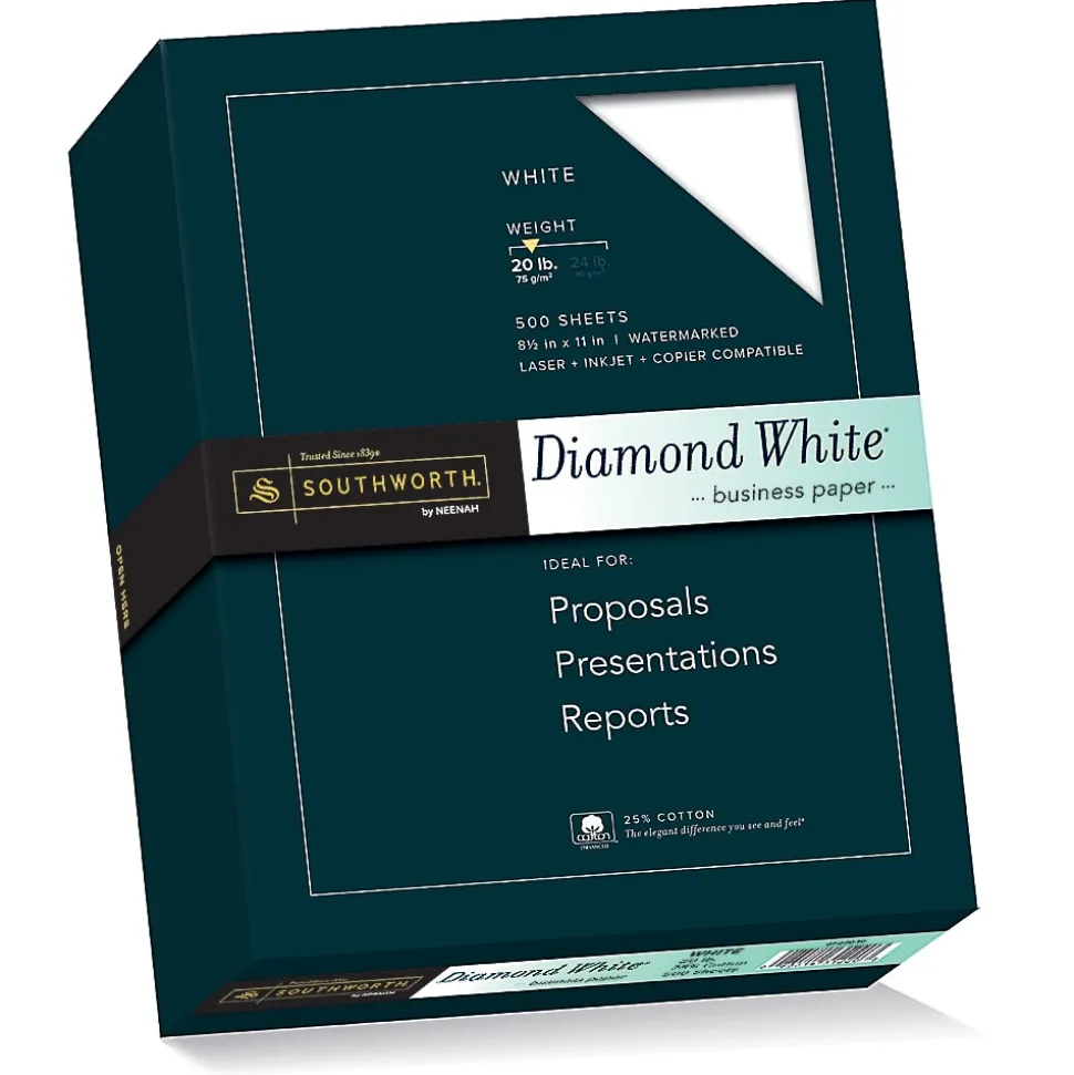 Southworth® Diamond White® 25% Cotton Business Paper, 8 1/2" x 11", 20 Lb, White, Box Of 500