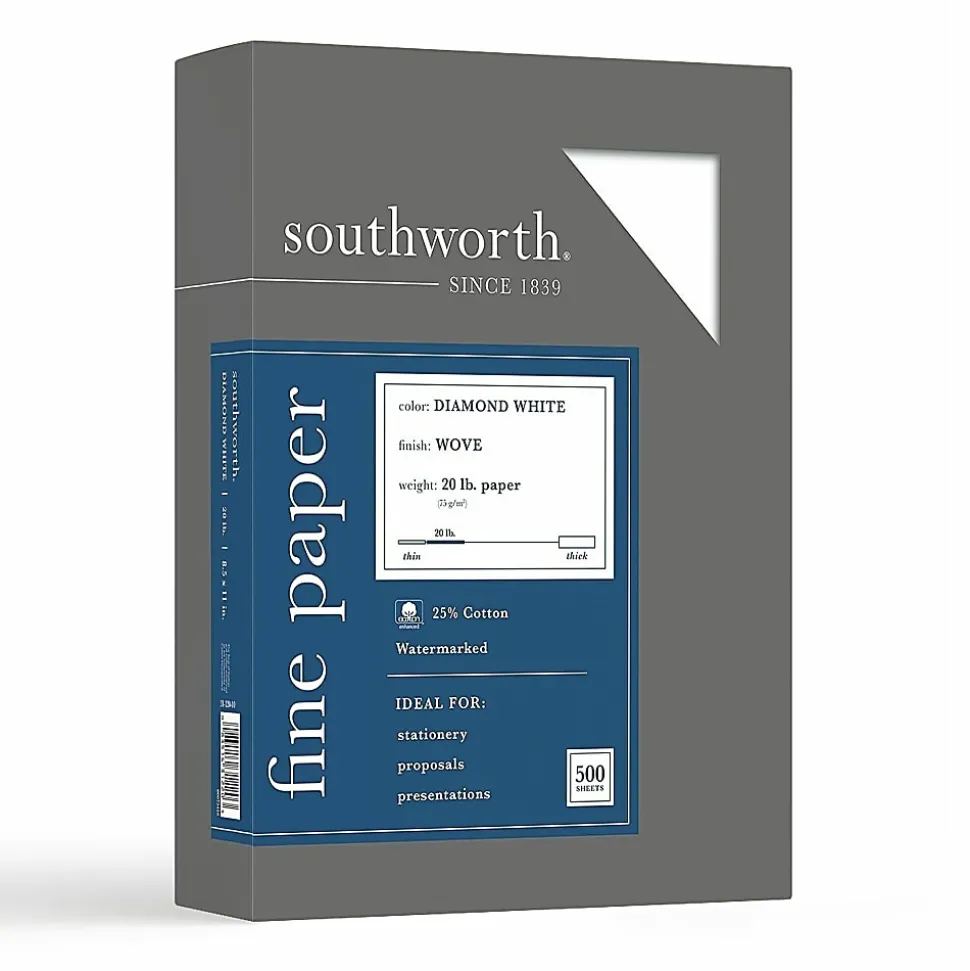 Southworth® Diamond White® 25% Cotton Business Paper, 8 1/2" x 11", 20 Lb, White, Box Of 500
