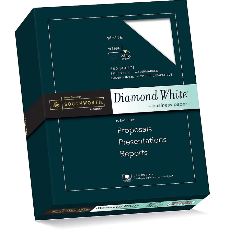 Southworth® Diamond White® 25% Cotton Business Paper, 8 1/2" x 11", 24 Lb, White, Box Of 500