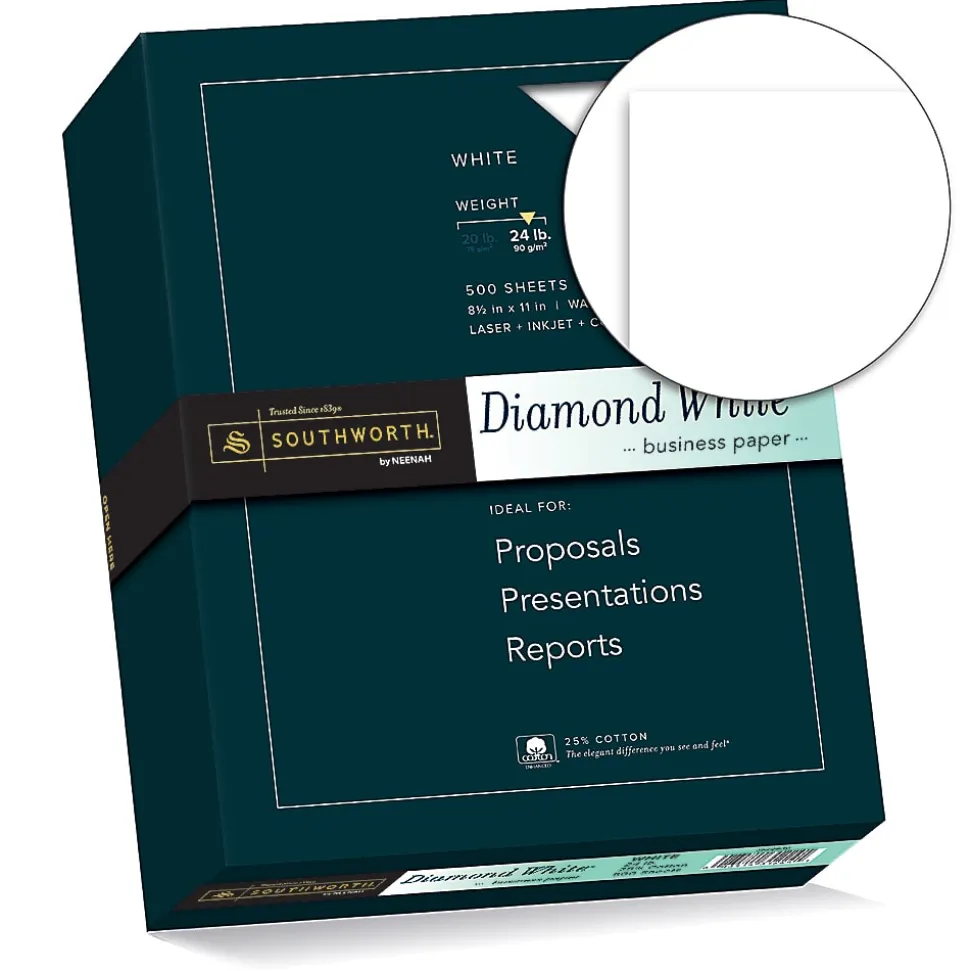 Southworth® Diamond White® 25% Cotton Business Paper, 8 1/2" x 11", 24 Lb, White, Box Of 500
