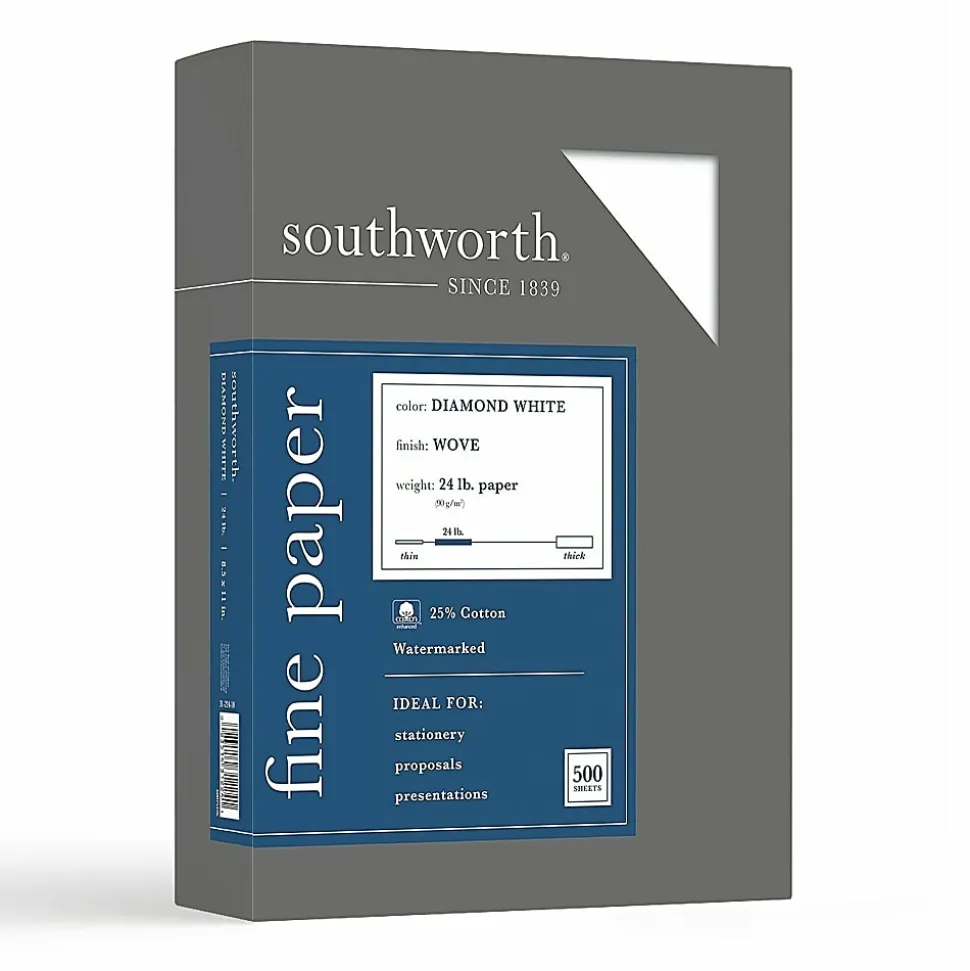 Southworth® Diamond White® 25% Cotton Business Paper, 8 1/2" x 11", 24 Lb, White, Box Of 500