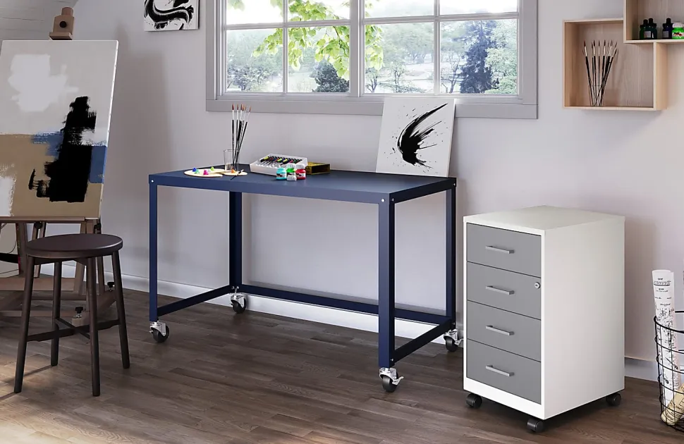 Space Solutions SOHO 18" Deep 4 Drawer Metal Mobile Organizer, 4 Box Drawers, Locking- Pearl White/Arctic Silver